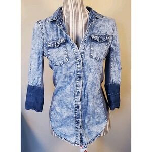 cavalini Fitted shirt denim Roll Tab 3/4 Sleeve, Lightweight Blue Sz S